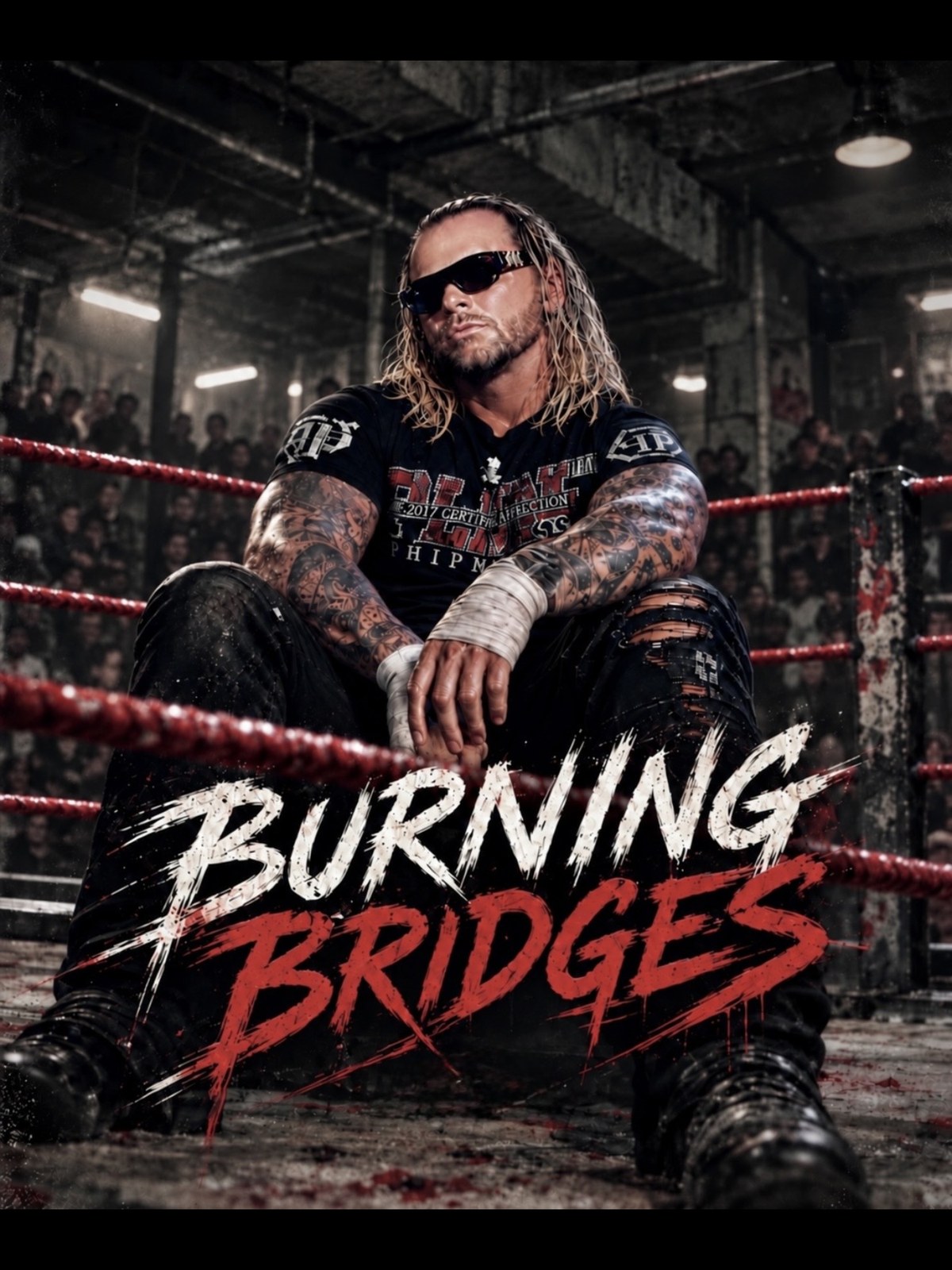 Burning Bridges key art: a wrestler seated at ringside beneath the title