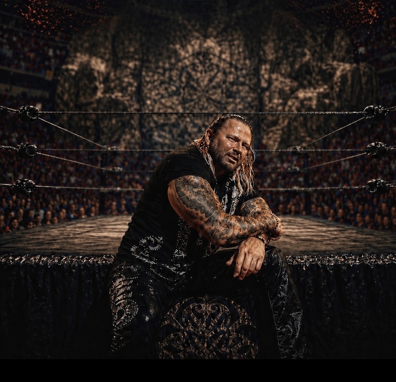 Burning Bridges artwork of a wrestler leaning against the ring